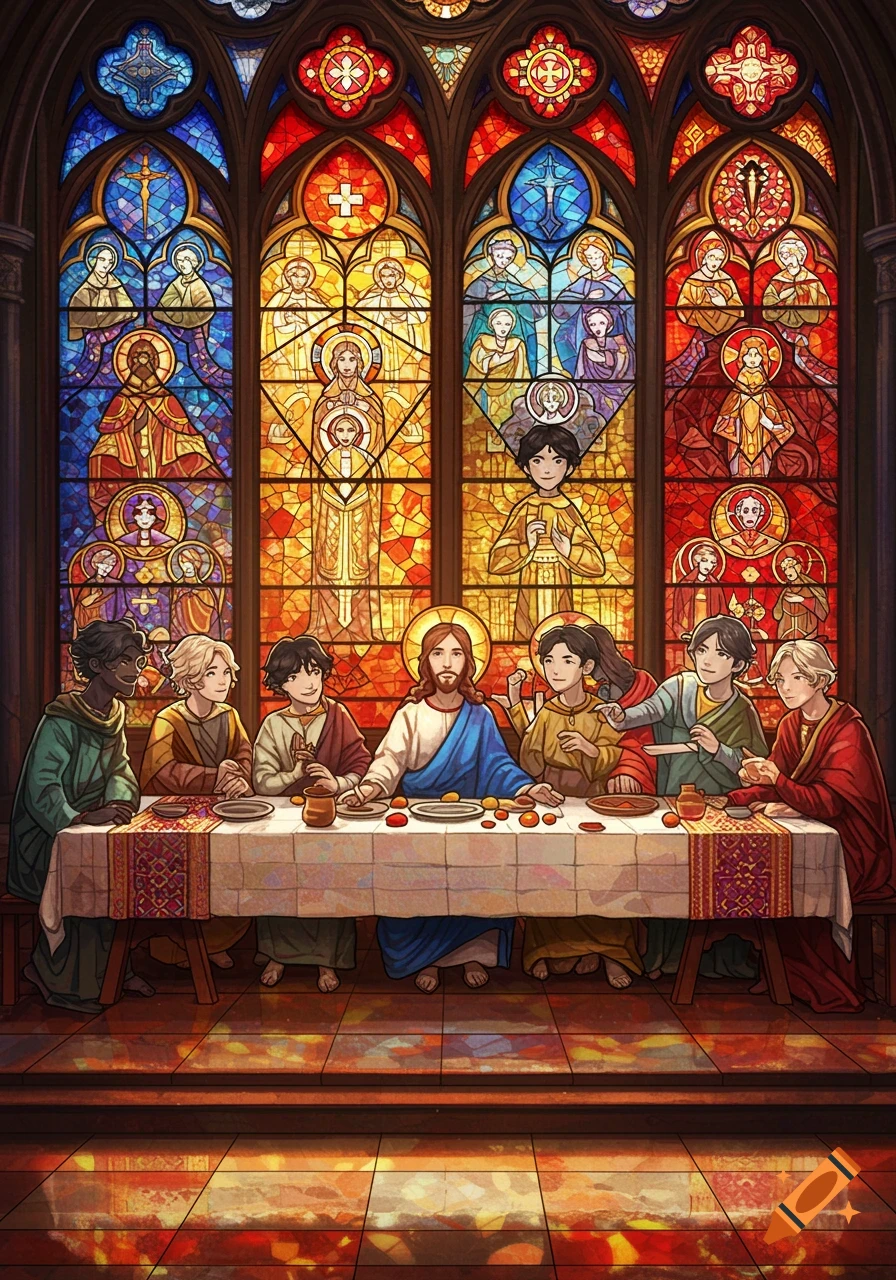 Stained glass window depicting Jesus and his disciples at the Last Supper in an anime art style.