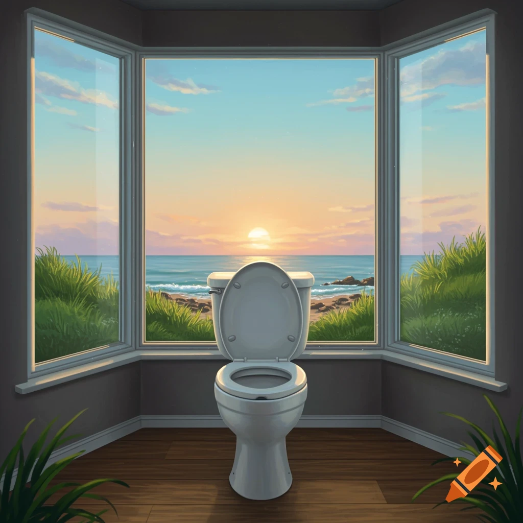 A toilet sits in a room with a large bay window overlooking a beach at sunset.