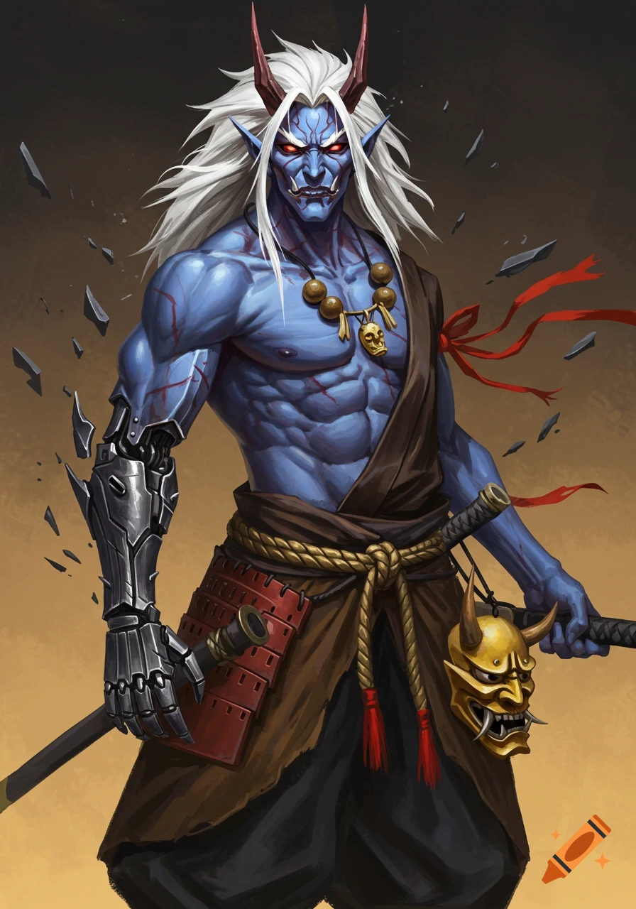 A muscular blue-skinned Japanese Oni with white hair, red eyes, horns, and a metallic prosthetic arm, holding a katana.