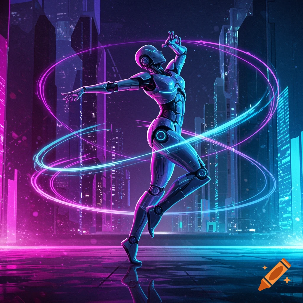A sleek, metallic robot dances amidst swirling neon light trails in a futuristic city, bathed in vibrant purple and blue hues.