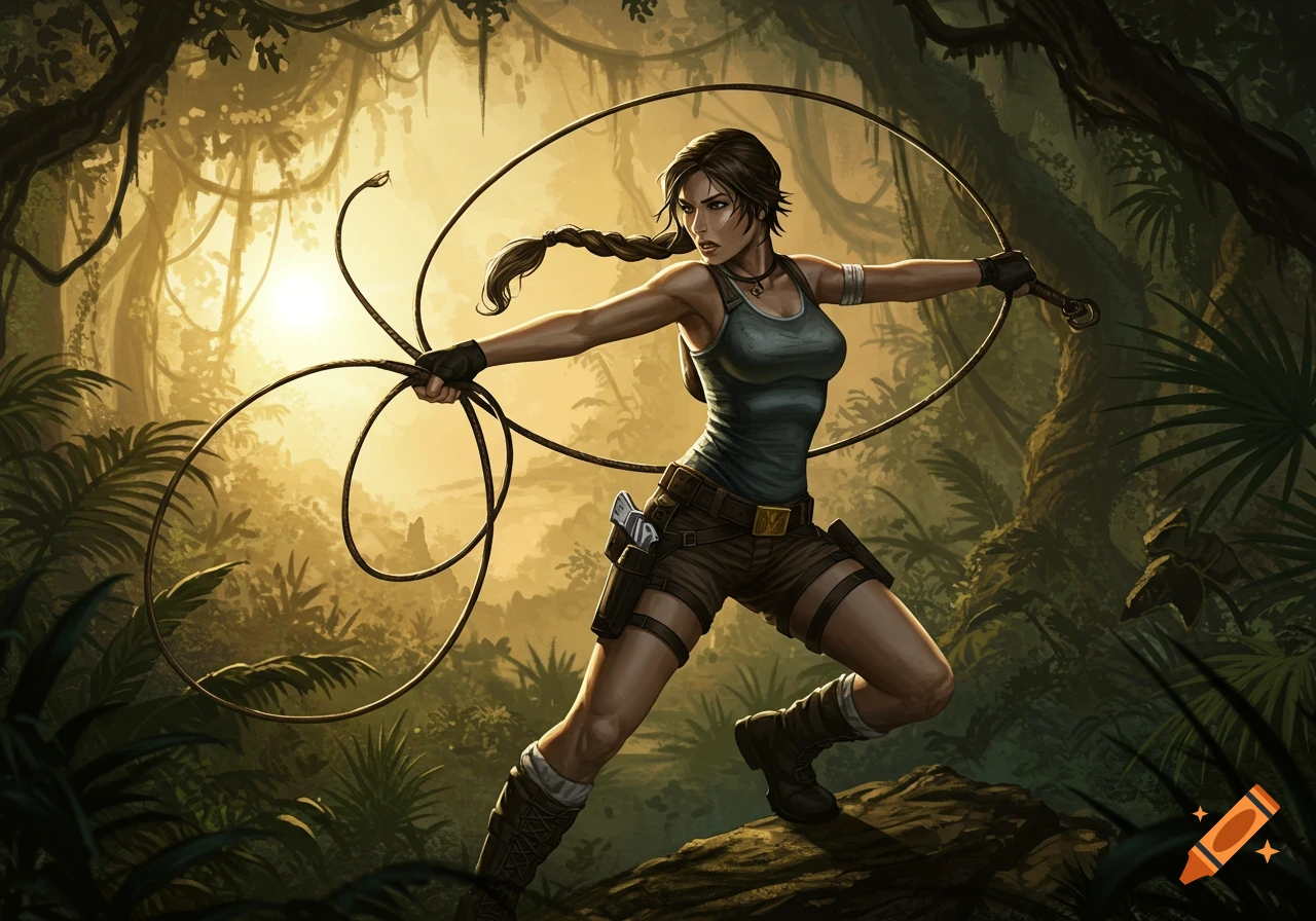 Lara Croft wielding a whip in a jungle, illuminated by sunlight through trees, in an illustration style.