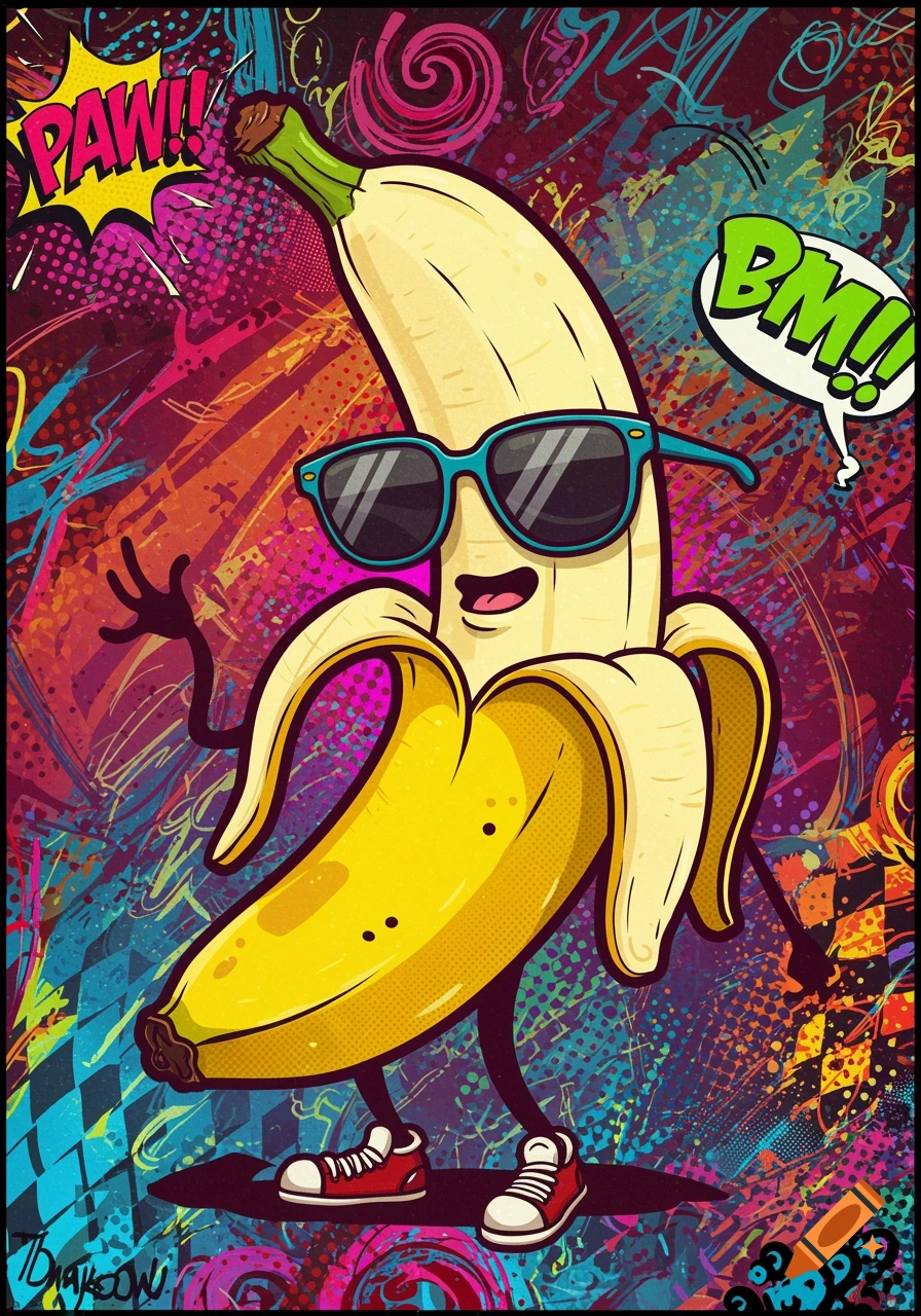 A cartoon banana wearing sunglasses, peeled and walking, on a vibrant pop art background with comic book sound effects.