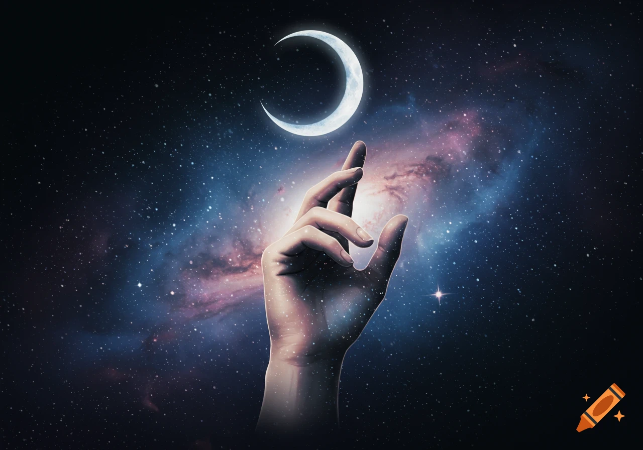 A human hand reaching towards a glowing crescent moon in a vibrant, star-filled galaxy.