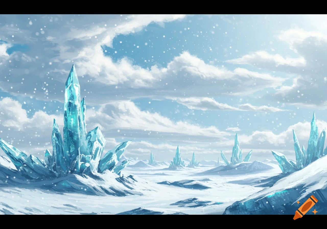 A vibrant winter landscape with sharp blue ice crystals rising from snow-covered ground under a bright, cloudy sky with falling snow, in an illustrated style.
