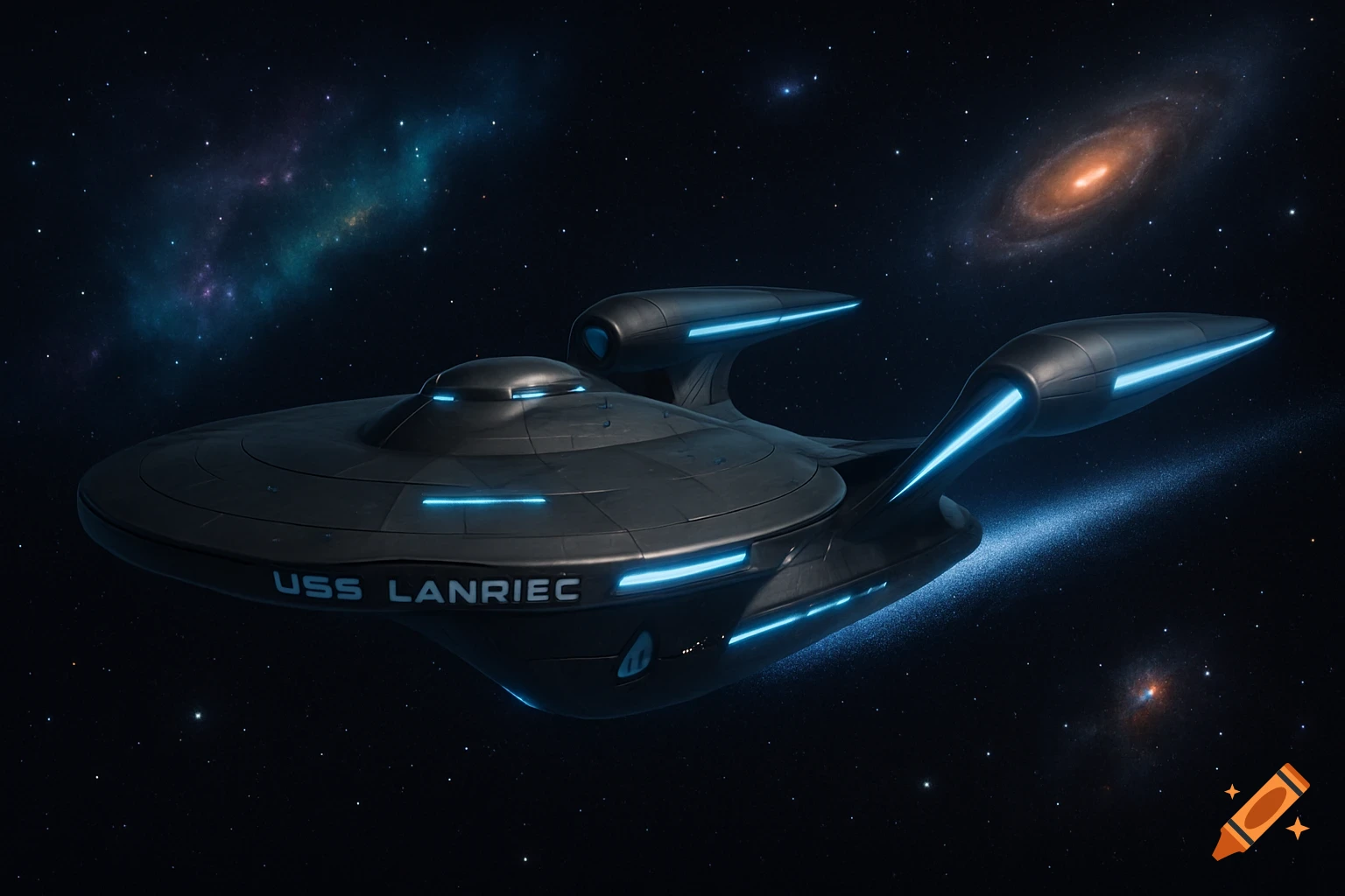 A photorealistic Star Trek-like spaceship named USS LANRIEC floats through deep space with nebulae and galaxies.