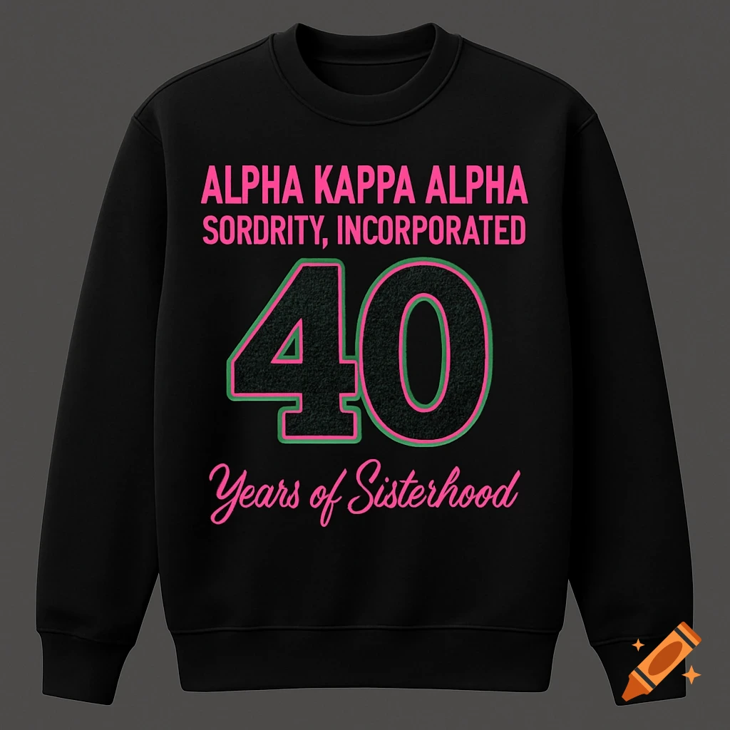 Black sweatshirt with pink and green text reading 'Alpha Kappa Alpha SORDITY, INCORPORATED 40 Years of Sisterhood'.