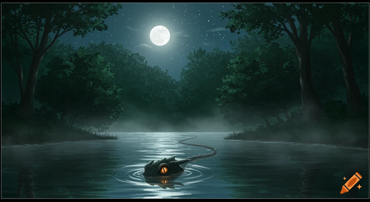A small, dark monster with glowing orange eyes and a long tail emerges from a moonlit lake surrounded by a dark forest at night.