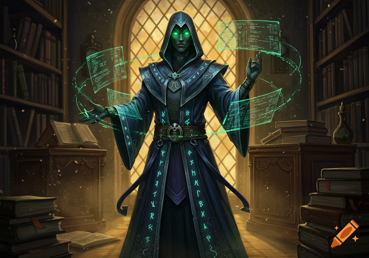 A hooded mage with glowing green eyes casts a spell amidst floating code panels and magical runes in a dimly lit library.