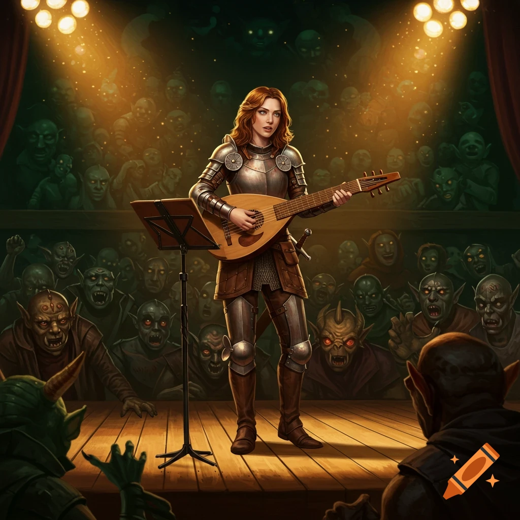 A female warrior in intricate armor plays a lute on a stage for an audience of various fantasy monsters under bright spotlights.