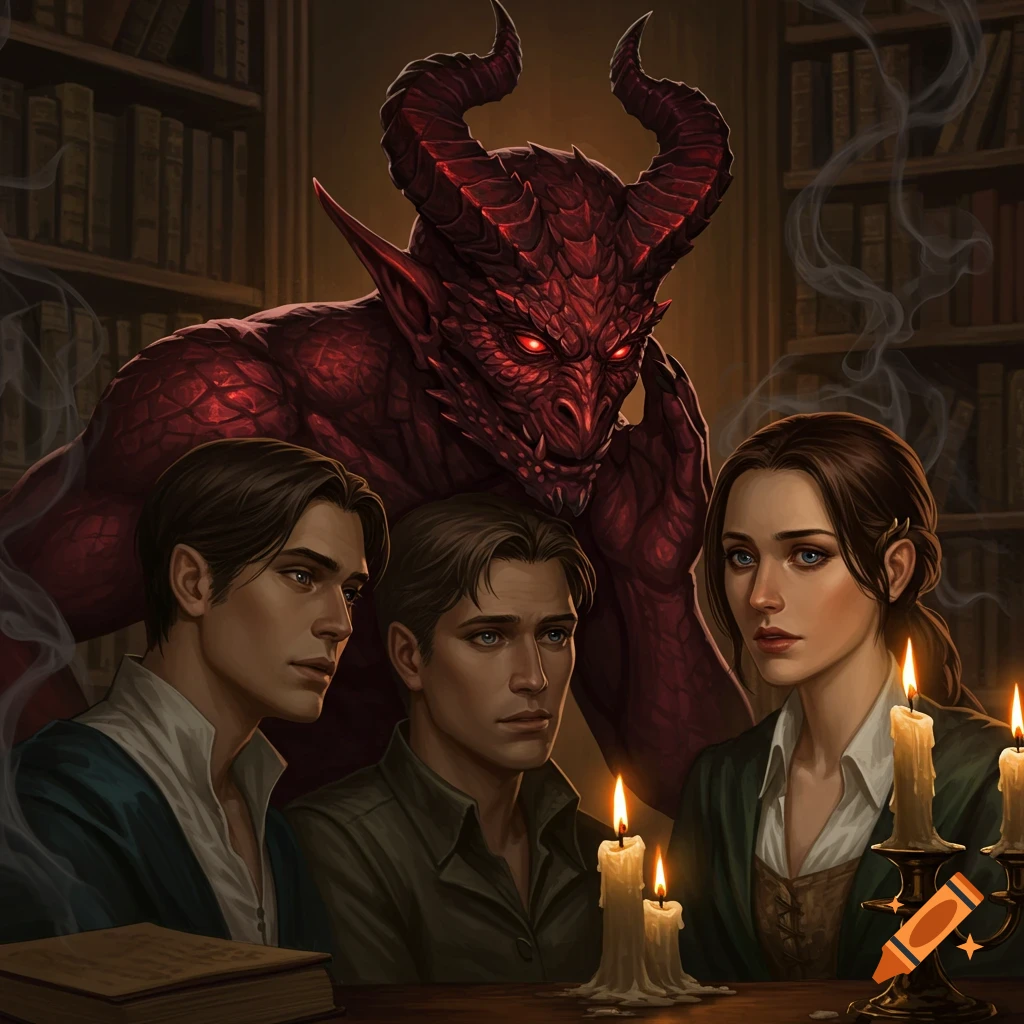A large red devil with glowing eyes looms over three young people sitting at a table with candles in a dimly lit library.