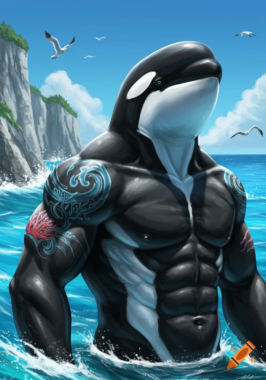 A muscular, humanoid orca whale with tattoos stands in the ocean near cliffs with seagulls flying overhead, digital art.