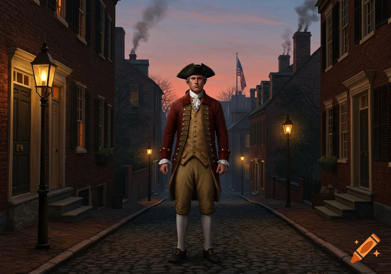 A man in colonial attire, a red coat and tricorn hat, stands on a cobblestone street at dusk with brick buildings and lanterns.