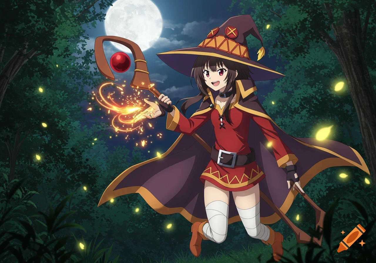 Anime character Megumin in a witch hat and cape casts a glowing spell from her staff in a dark, moonlit forest.