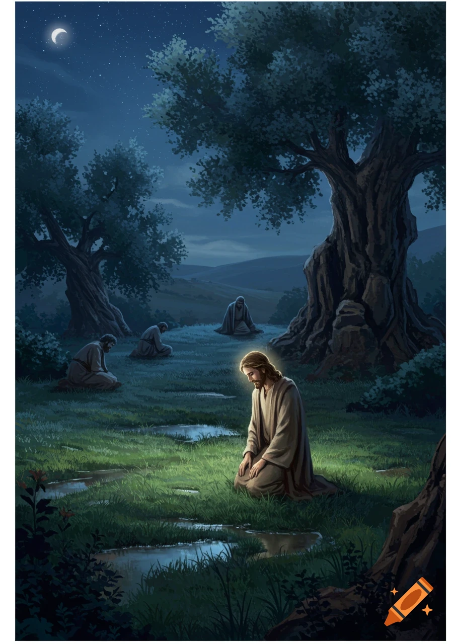 Jesus kneels in prayer in a moonlit garden while three disciples sleep in the background. Illustration style.