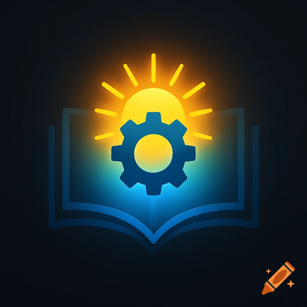 A stylized logo featuring an open blue book with a glowing blue gear and a bright yellow sun emerging from it.