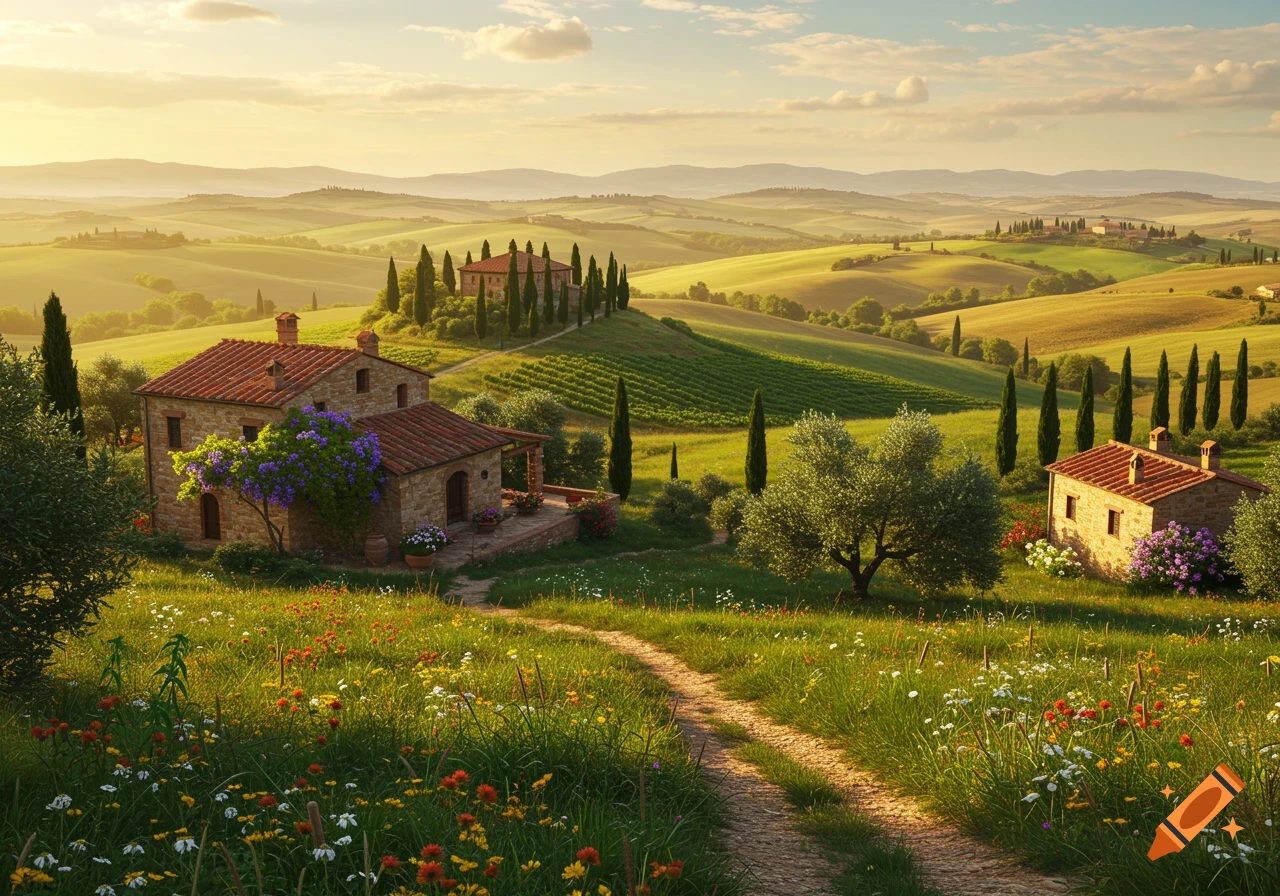 A photorealistic Tuscan landscape with rolling green hills, stone houses, cypress trees, vineyards, and a dirt path winding through wildflowers.