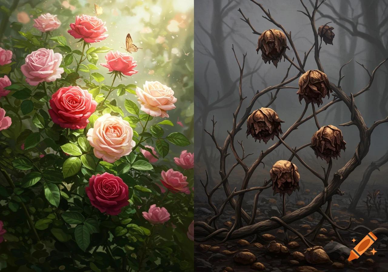 A split image showing vibrant pink and red roses blooming on the left, contrasted with dead, decaying flowers and bare branches on the right.