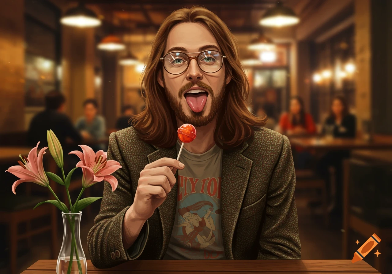 Digital art portrait of a long-haired, bearded man in glasses sticking out his tongue with a lollipop in a restaurant.