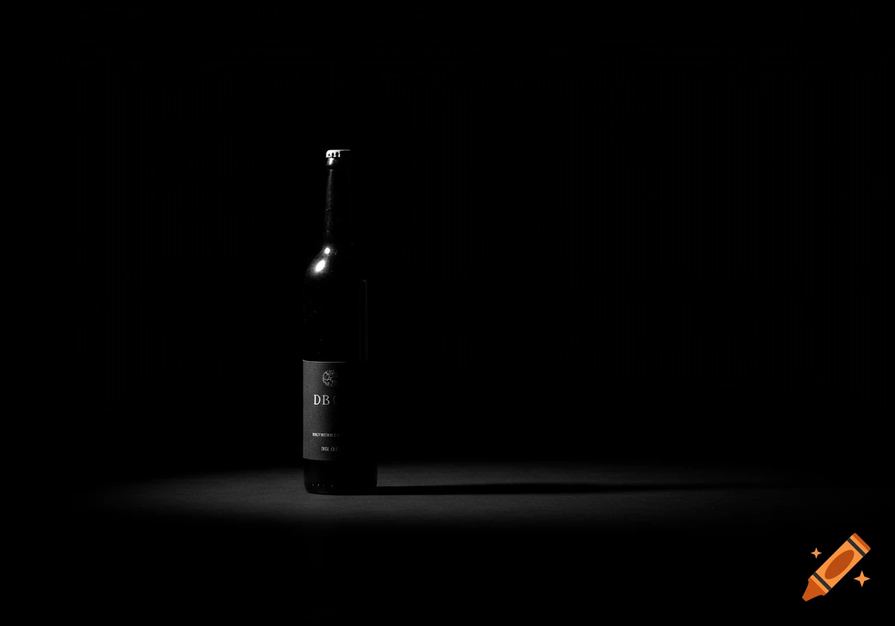 A black bottle with a label stands in a dark, minimalist setting with a single light source casting a long shadow. Black and white photography.