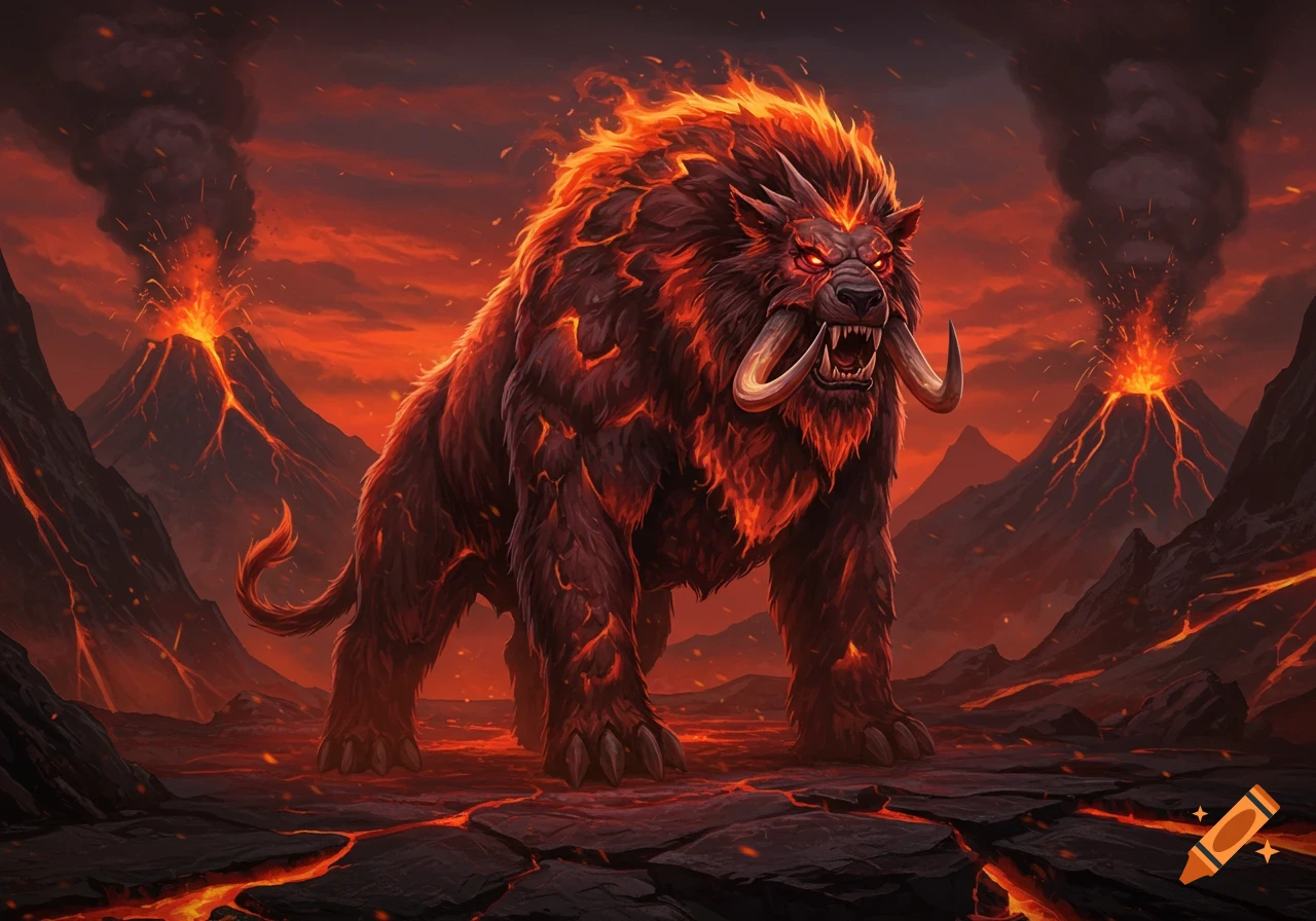 A fiery, boar-like monster with tusks stands on cracked lava ground with erupting volcanoes under a red sky, fantasy art.