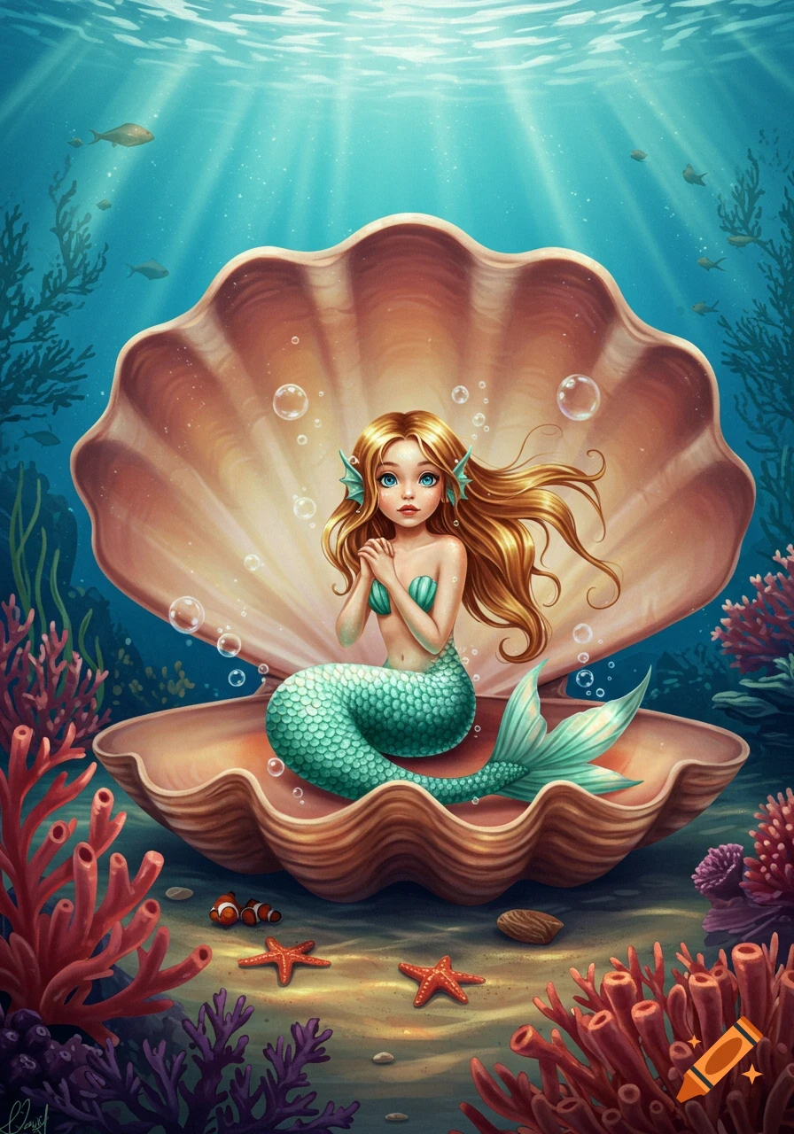 A colorful illustration of a blonde mermaid with a green tail sitting in a large clam shell on the ocean floor.