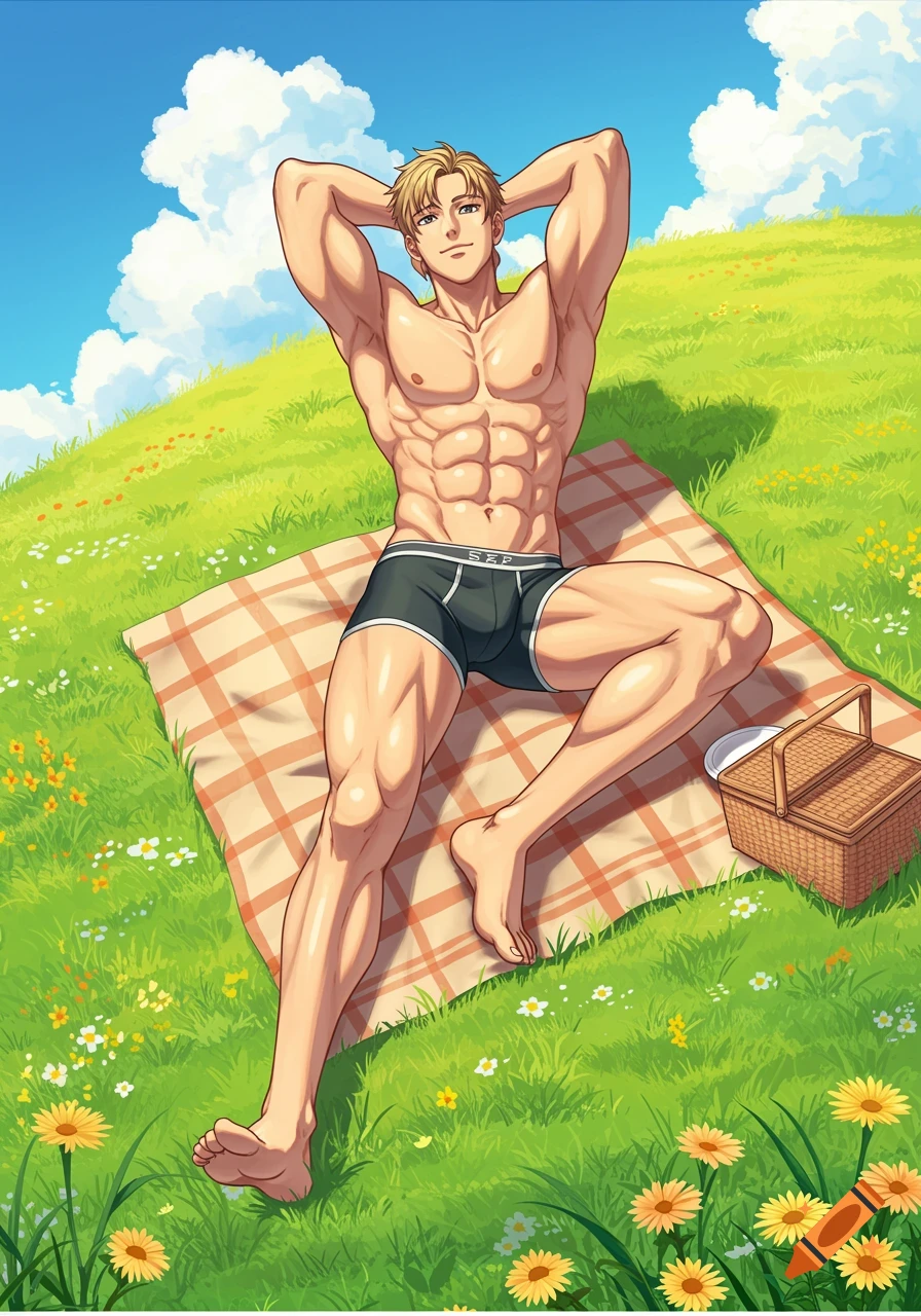 A semi-realistic digital illustration of a muscular man in boxer briefs relaxing on a grassy hillside with a picnic basket.