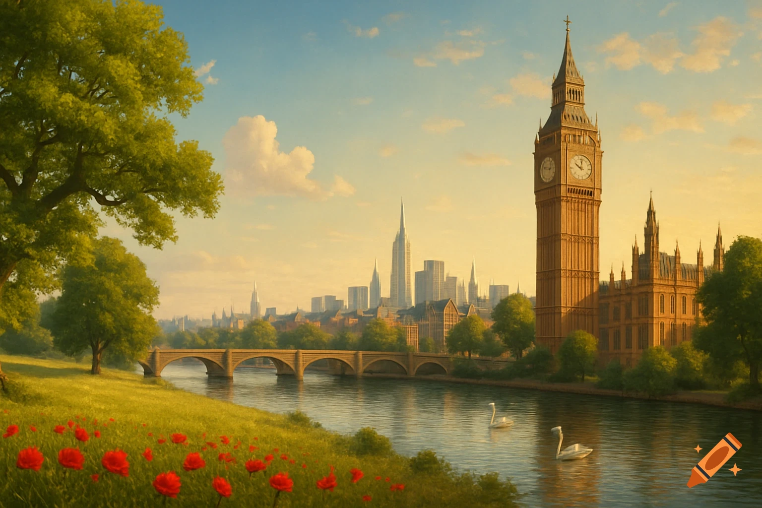 A picturesque landscape featuring London's Big Ben tower, a river with a bridge, lush green grass, and red flowers under a blue sky at sunset.