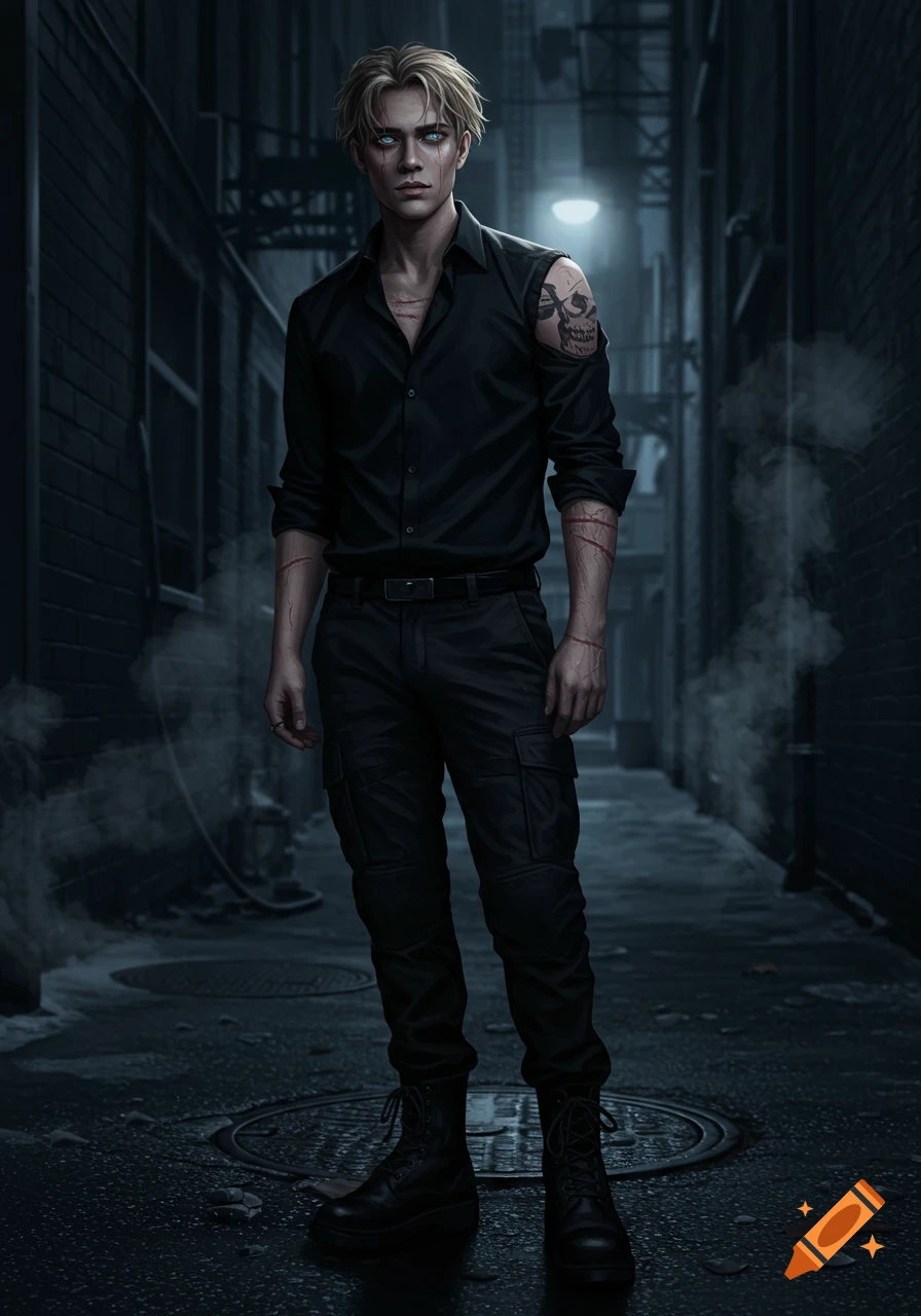 A blonde man with glowing blue eyes, scars, and a skull tattoo, wearing a black shirt and cargo pants, stands in a dark alley.