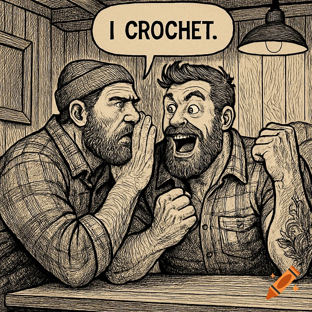 Two brawny, bearded men in a line drawing. One whispers "I CROCHET." into the ear of the other, who reacts with a wide-eyed, surprised expression.
