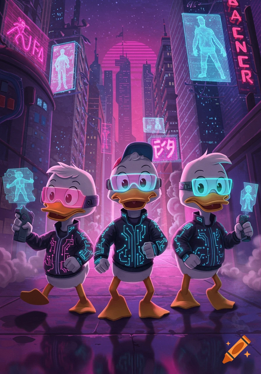 Three cartoon ducks in cyberpunk outfits and VR headsets stand on a futuristic city street at night, illuminated by neon signs.
