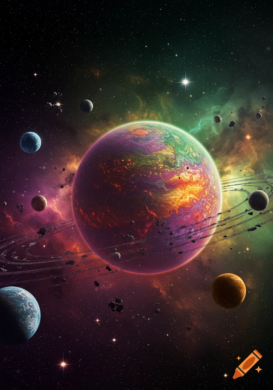 A vibrant, colorful ringed planet with swirling patterns in a cosmic scene with other planets and nebulae.