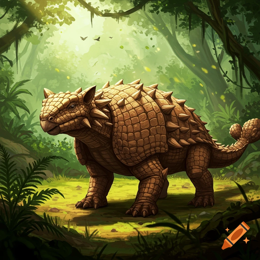 An armored Ankylosaurus-like reptilian creature with armadillo and hedgehog features stands in a lush jungle.
