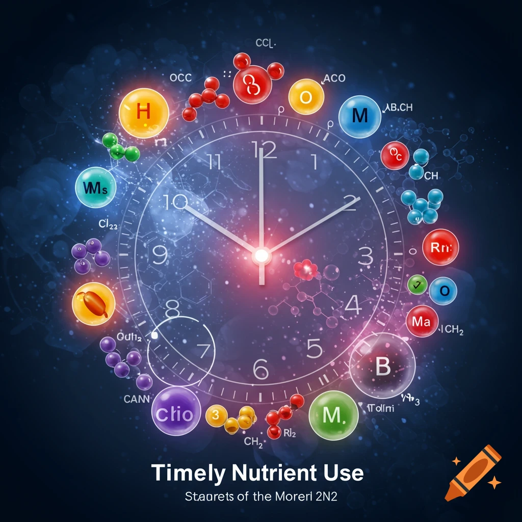 A clock face surrounded by glowing spheres representing chemical elements and molecules, with the title "Timely Nutrient Use".
