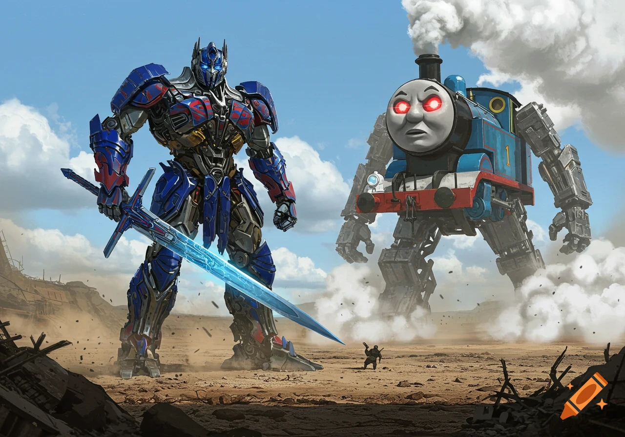 Optimus Prime with a glowing sword confronts a large, menacing robotic Thomas the Tank Engine in a desolate, ruined landscape. Digital illustration.