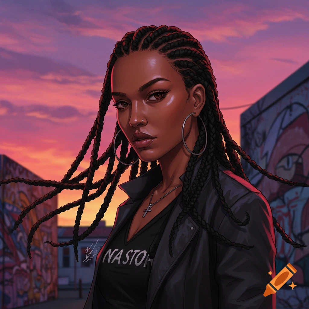 Digital art portrait of a woman with black braids, dark skin, a serious expression, wearing a leather jacket, against a sunset sky with graffiti.