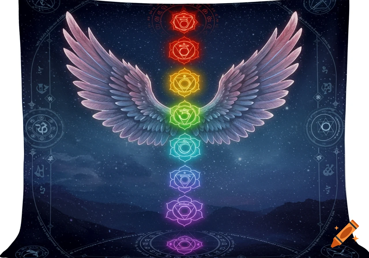 Glowing angel wings frame seven colorful chakra symbols on a starry background with mystical glyphs, on a blanket.