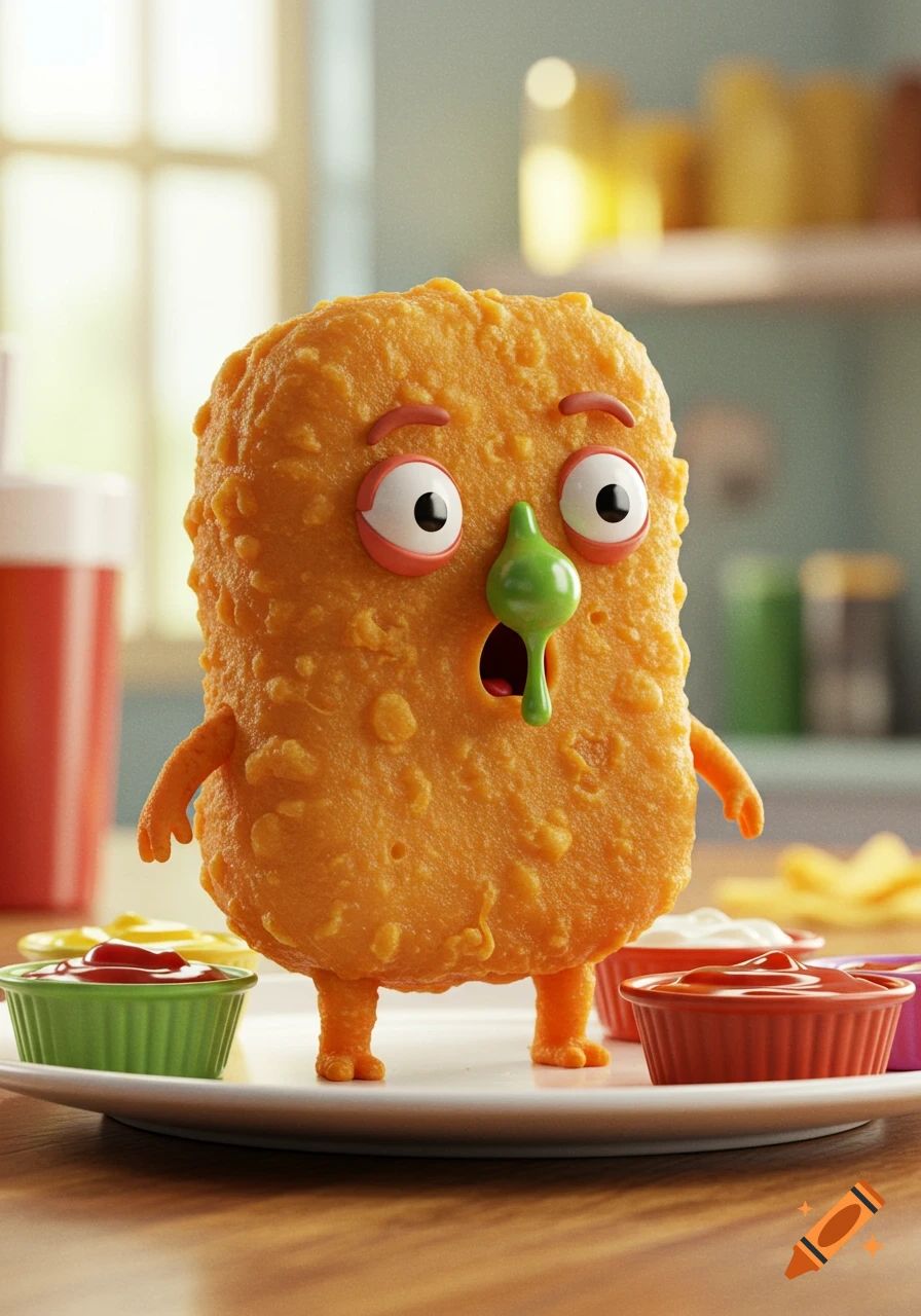 A photorealistic anthropomorphic chicken nugget character with googly eyes, green booger, and small limbs, standing on a plate with dipping sauces.