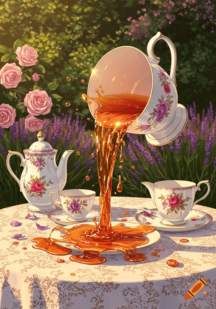 Vibrant illustration of a large teacup spilling golden tea onto a white tablecloth in a sunny garden with pink roses and purple lavender.