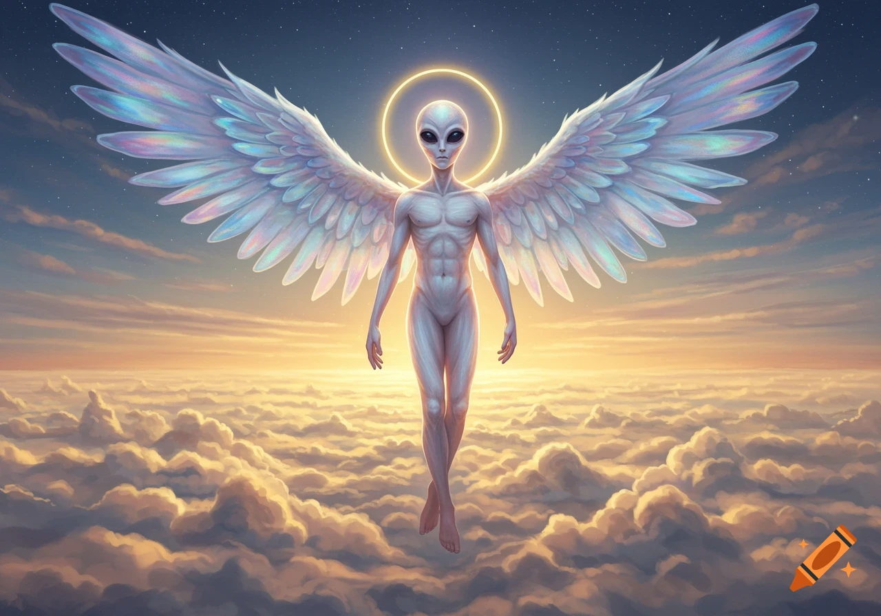 An angelic alien being with iridescent wings and a halo floats above clouds at sunset.