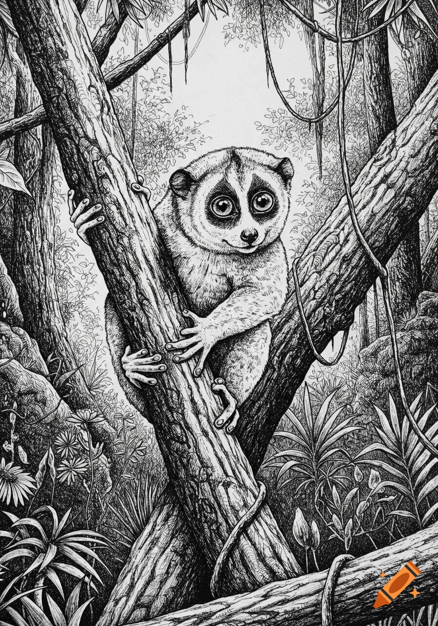 A detailed black and white pen and ink drawing of a slow loris climbing in a tree in a jungle.
