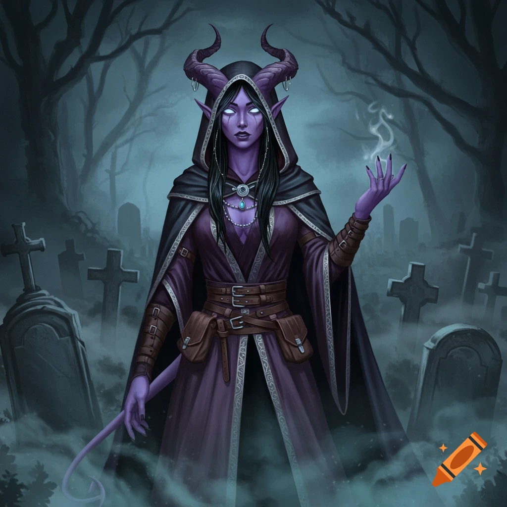 A purple-skinned female tiefling in a hooded cloak stands in a dark, foggy graveyard, holding out a hand with wisps of magic.