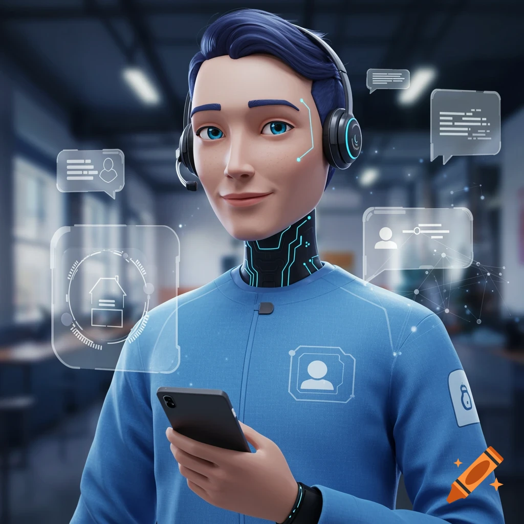A smiling 3D-rendered AI agent with blue hair and headphones, wearing a blue uniform, holding a smartphone, surrounded by translucent UI elements and network lines.
