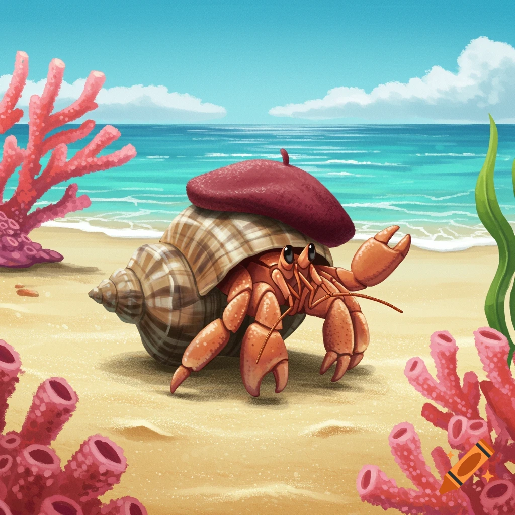 A charming cartoon hermit crab wearing a red beret sits on a sandy beach with red coral and blue ocean.