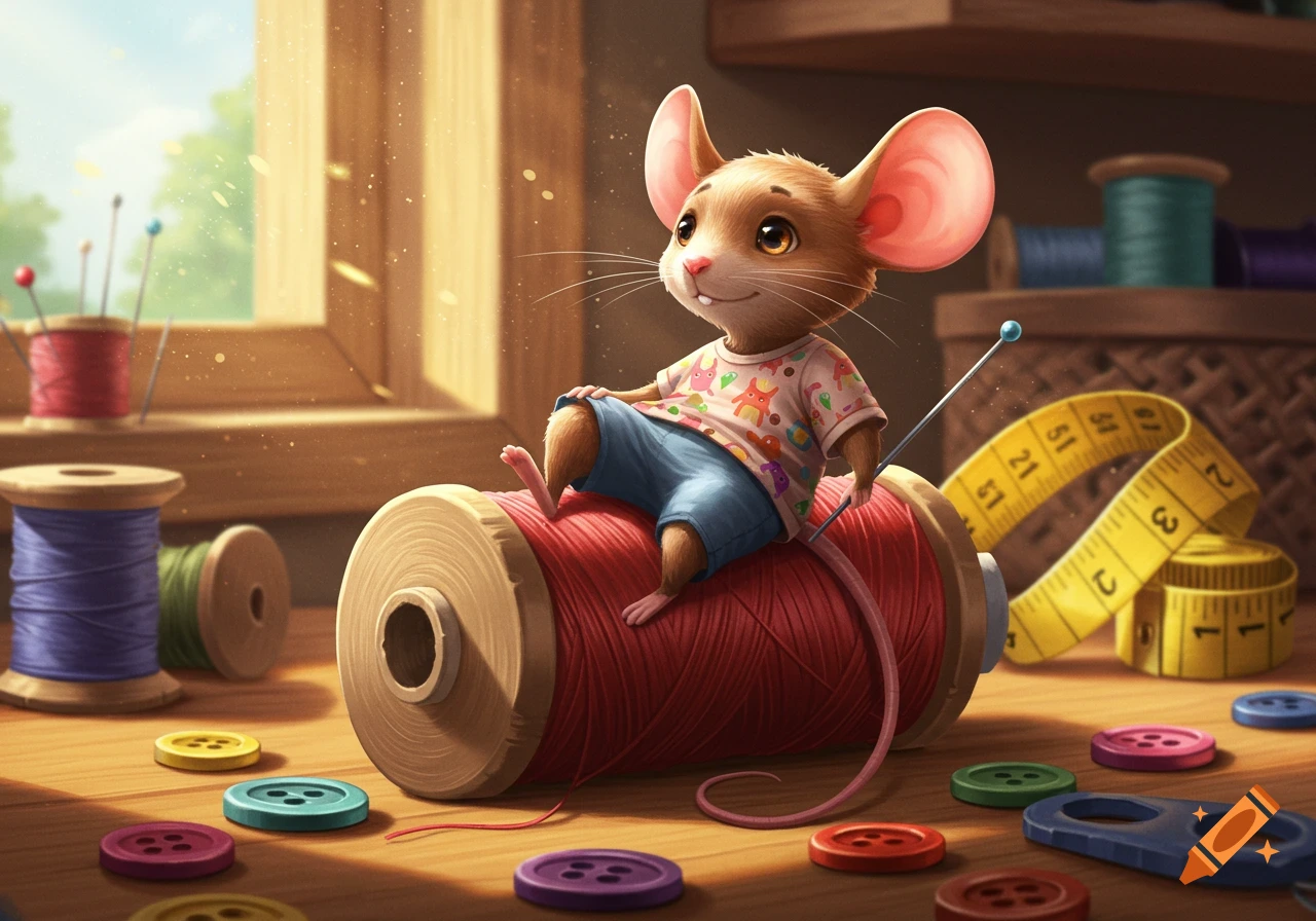 A cute cartoon mouse sits on a large red spool of thread, surrounded by buttons, measuring tape, and other spools in a sunlit room.