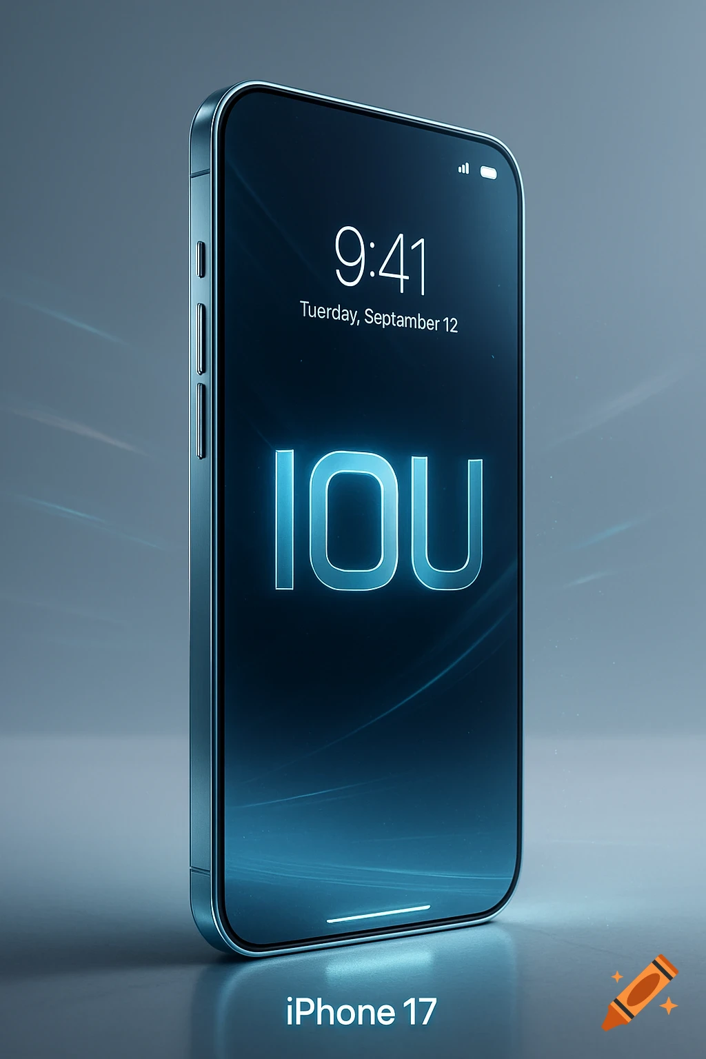 A photorealistic light blue iPhone 17 concept phone showing 'IOU' on its dark screen.
