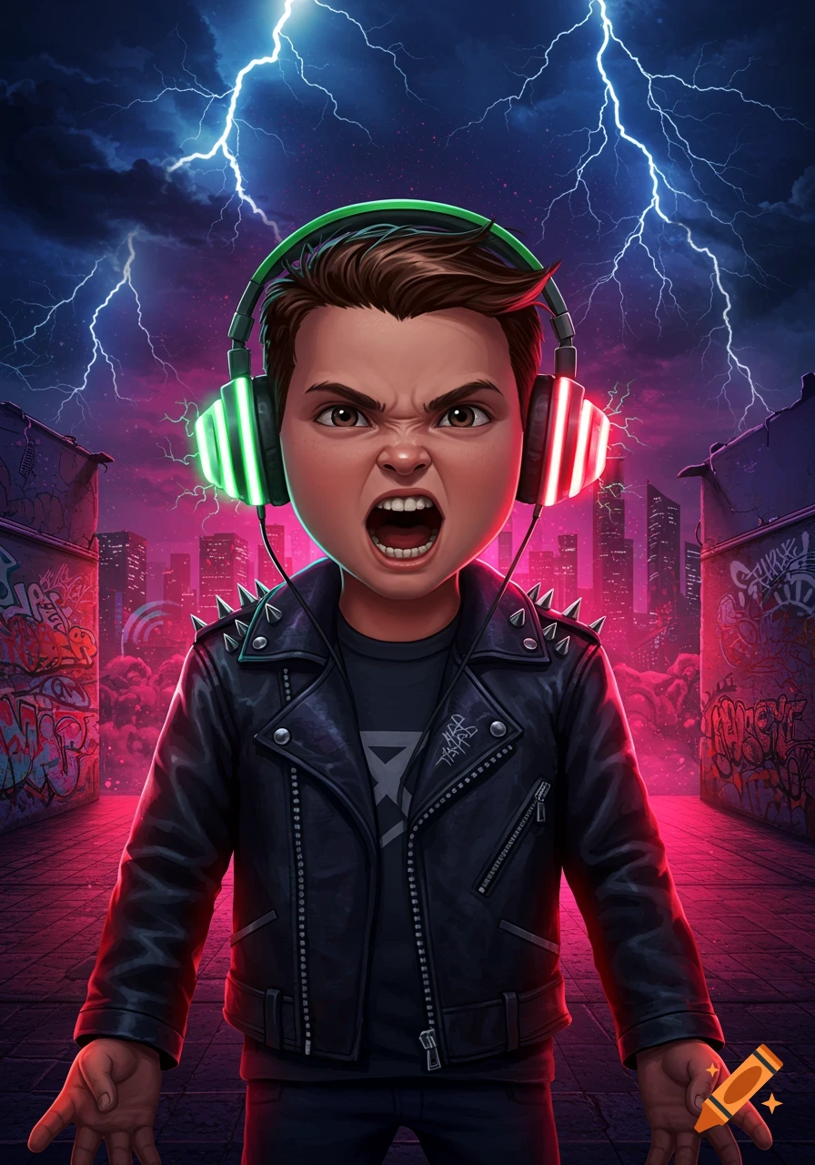 An angry, stylized boy with spiky brown hair and glowing headphones wears a studded leather jacket and stands in an urban alley with graffiti, under a stormy, lightning-filled sky.