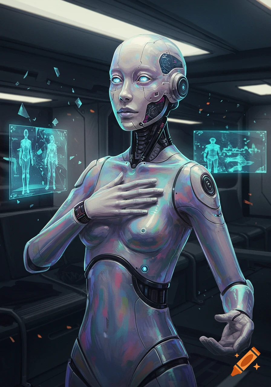 A graceful humanoid robot with glowing blue eyes and iridescent body plating stands in a futuristic lounge with holographic displays.