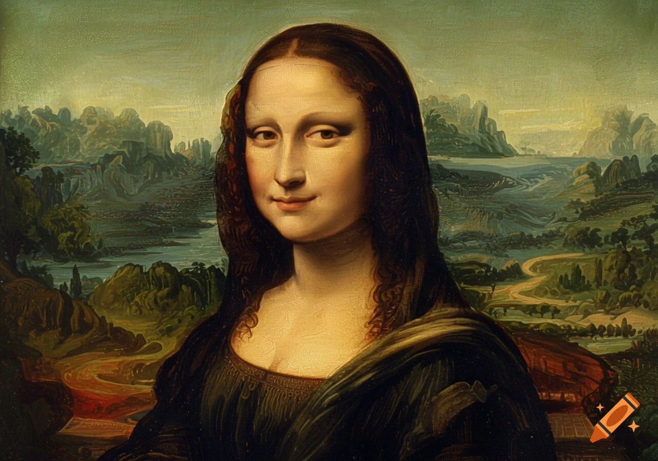 A close-up oil painting portrait of the Mona Lisa, a woman with a slight smile and dark hair, set against a distant landscape background.