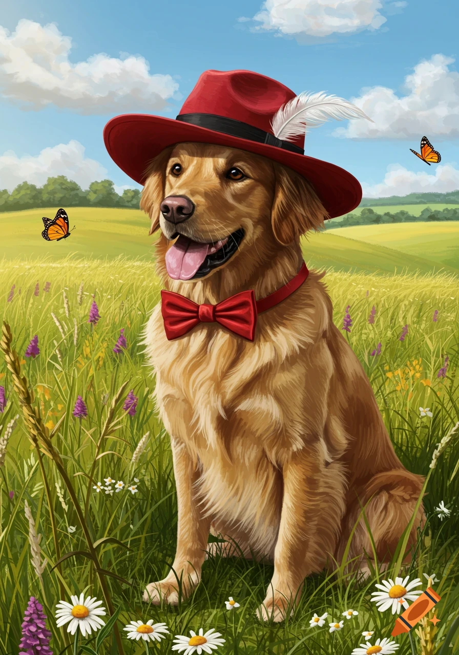 A charming illustration of a golden retriever wearing a red hat and bow tie, sitting in a field of wildflowers with butterflies.