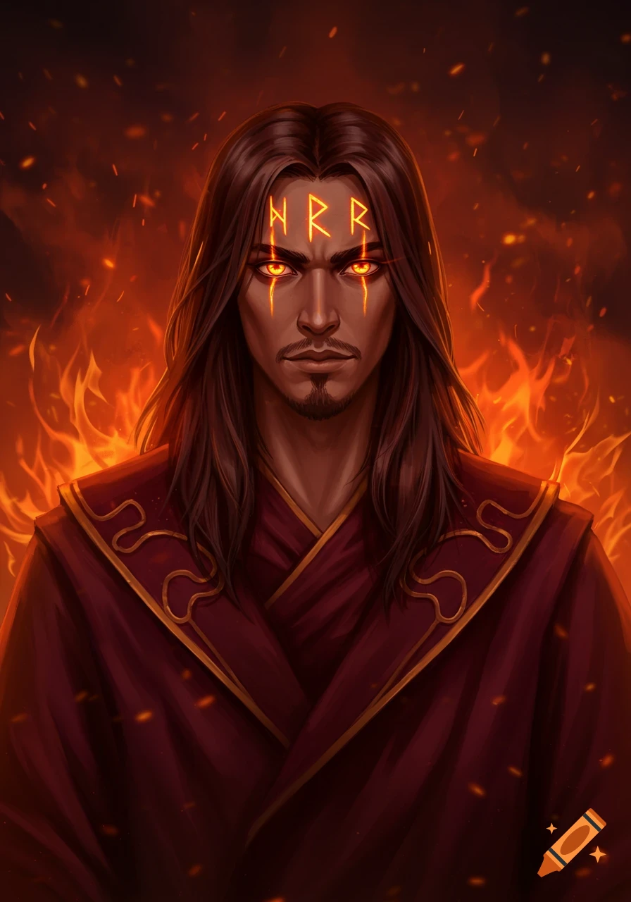 A long-haired man with glowing orange eyes and runes on his forehead wears a burgundy robe against a fiery background.